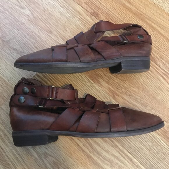 Free People Brown Leather Style Nine Ankle Boots Double Buckle Strappy Booties - Picture 6 of 13